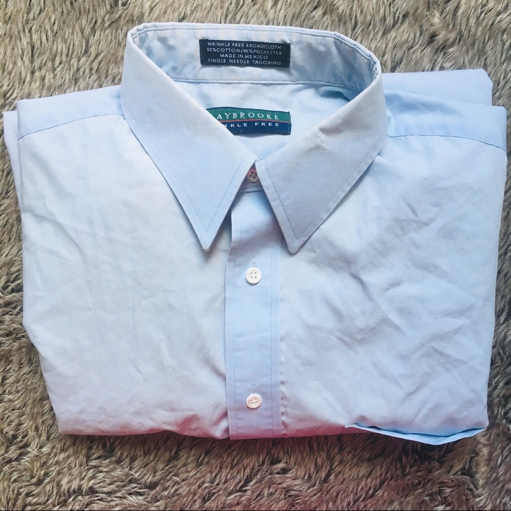 CLAYBROOKE men’s wrinkle free light blue button down dress shirt size 16 34/35